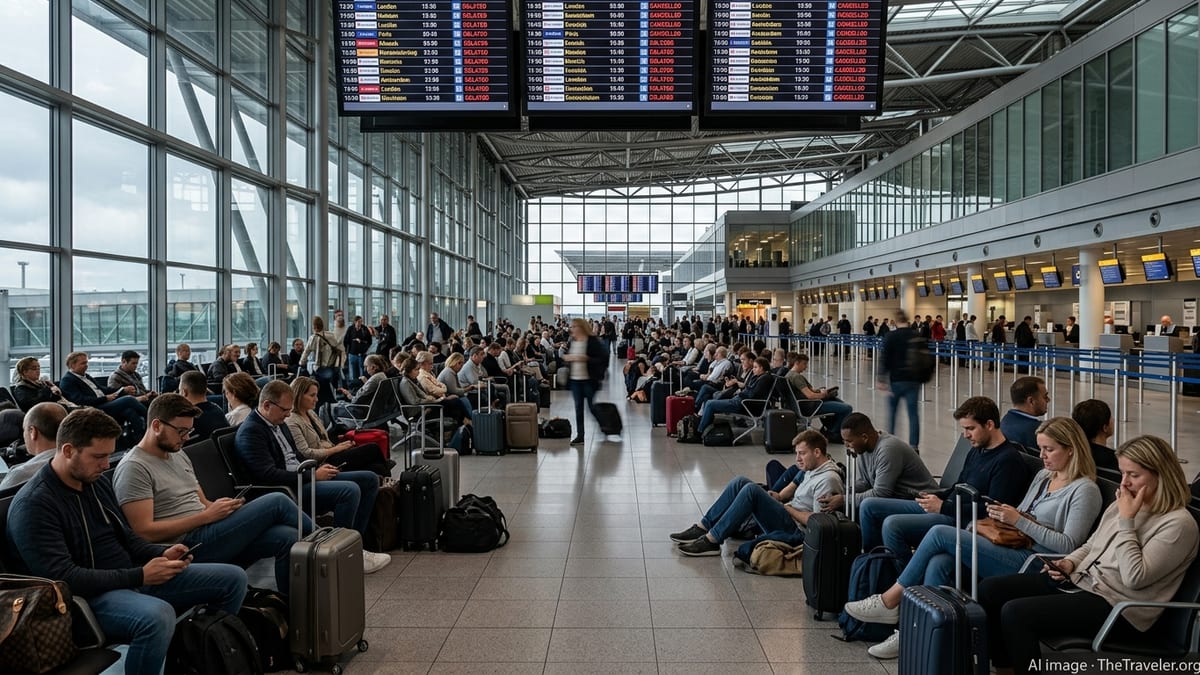 Crowded European airport terminal with stranded passengers and departure boards showing multiple delays and cancellations.