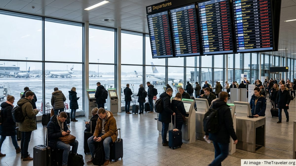 Passengers in a European airport terminal watching departure boards showing multiple delayed and cancelled winter flights.