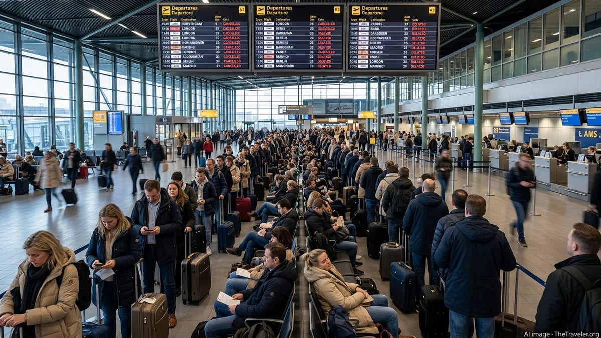 Passengers queue under departure boards showing cancellations at a major European airport.