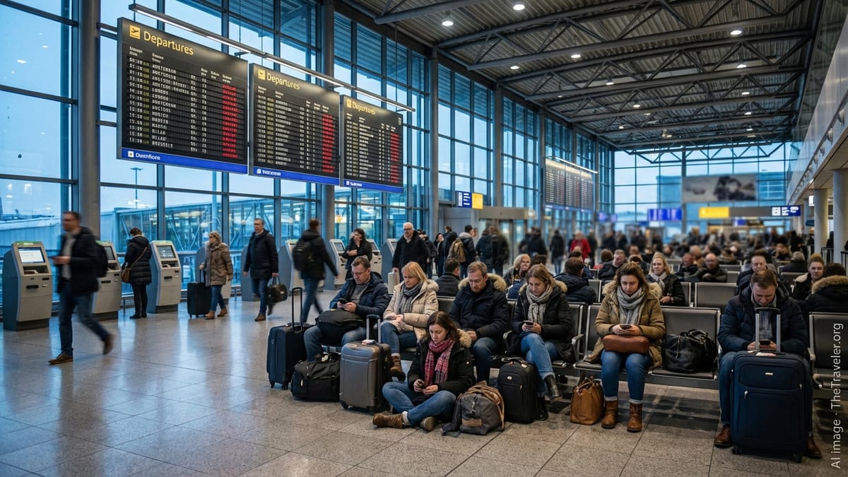 Crowded European airport terminal with passengers waiting under departure boards listing delayed and canceled flights.