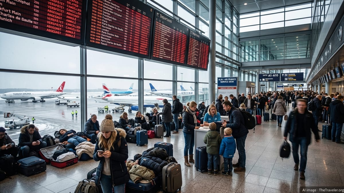Crowded European airport terminal with delayed flights and stranded passengers in winter.