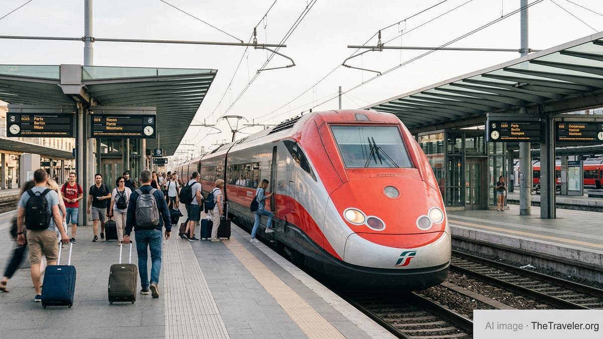 Tourists with luggage board a high-speed train at a busy European station.