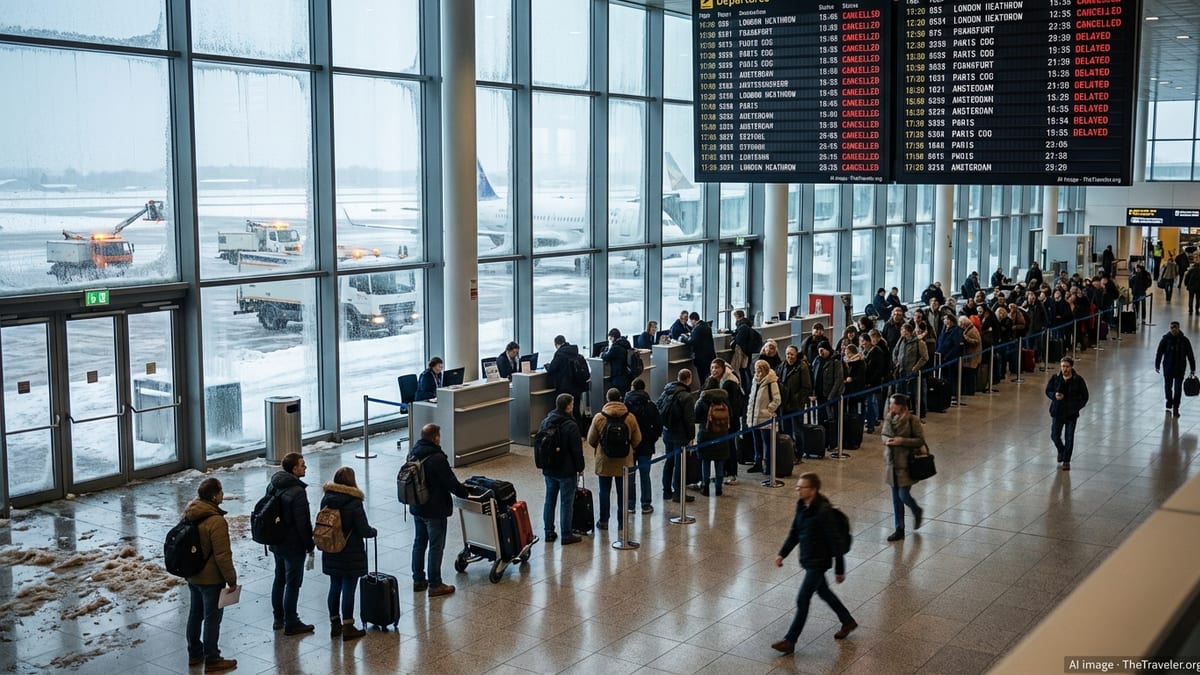 Crowded European airport terminal with queues of stranded winter travelers and cancelled flights on departure boards.
