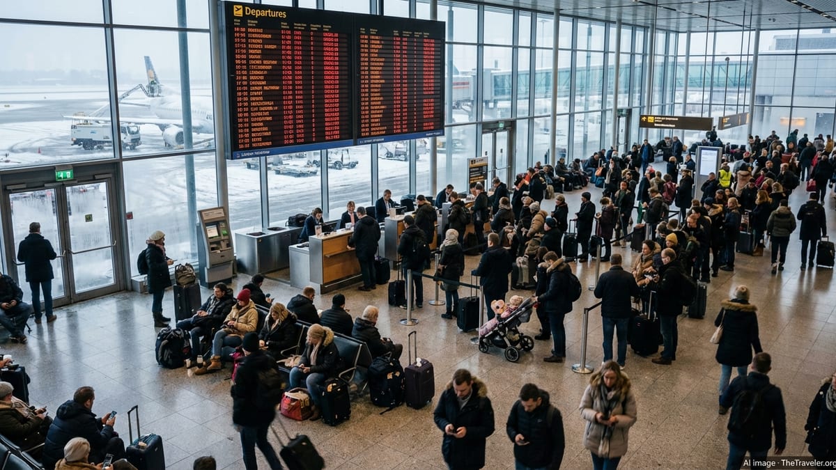 Crowded European airport terminal with canceled flights shown on large departures board during a winter storm.