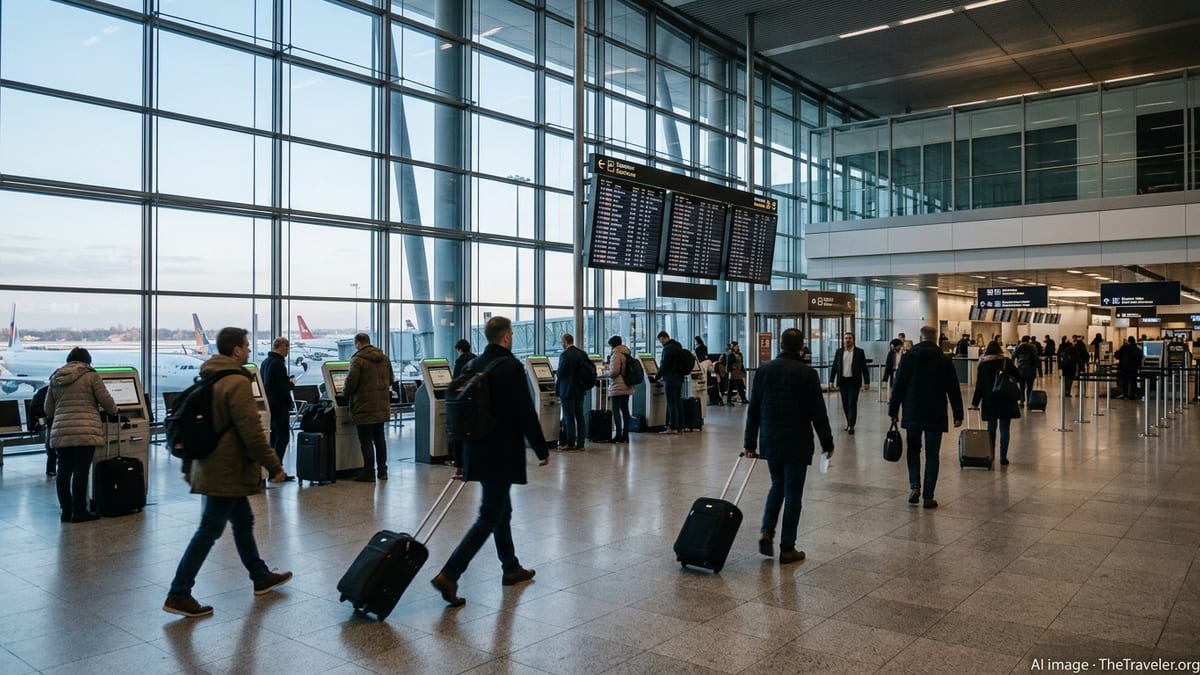 Travelers move through a busy European airport terminal on a bright winter morning.
