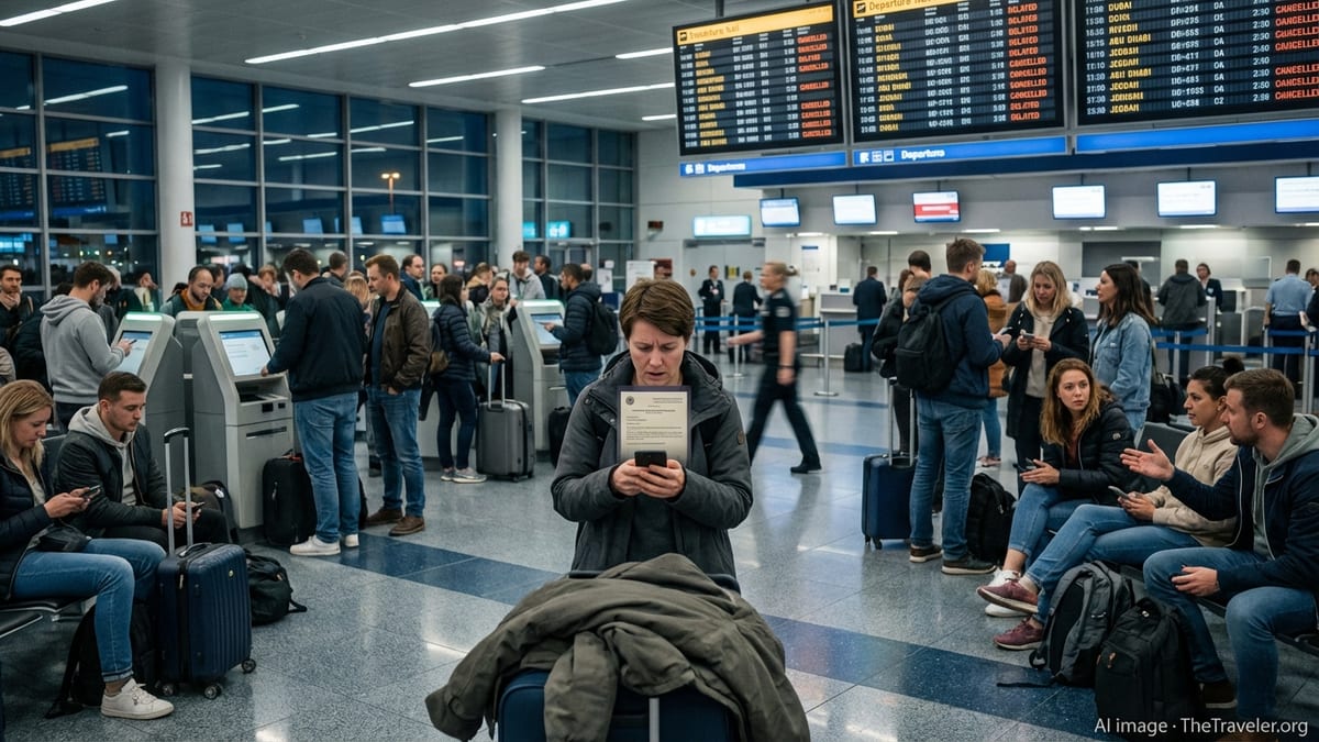 Travelers in a European airport checking phones as Middle East flights show cancellations.