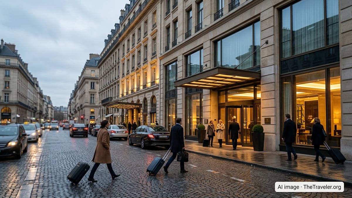 Evening street view of European upscale hotels with guests arriving and taxis outside.