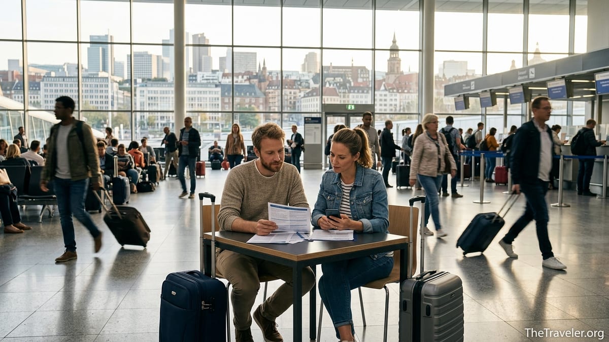 Couple comparing European travel insurance documents in a busy airport terminal.