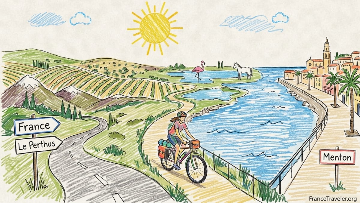 Touring bicycles on a seafront cycle path along the French Mediterranean coast at sunrise.