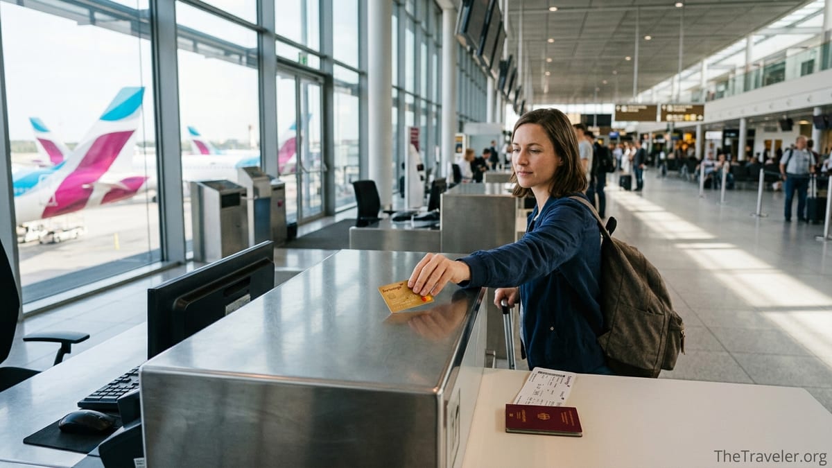 Traveler paying at an airport counter with a Eurowings gold credit card in hand.