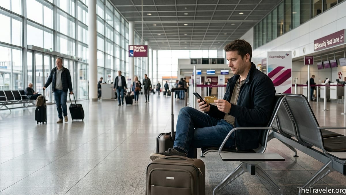 Traveler at a European airport holding a Eurowings gold credit card while checking flight details.