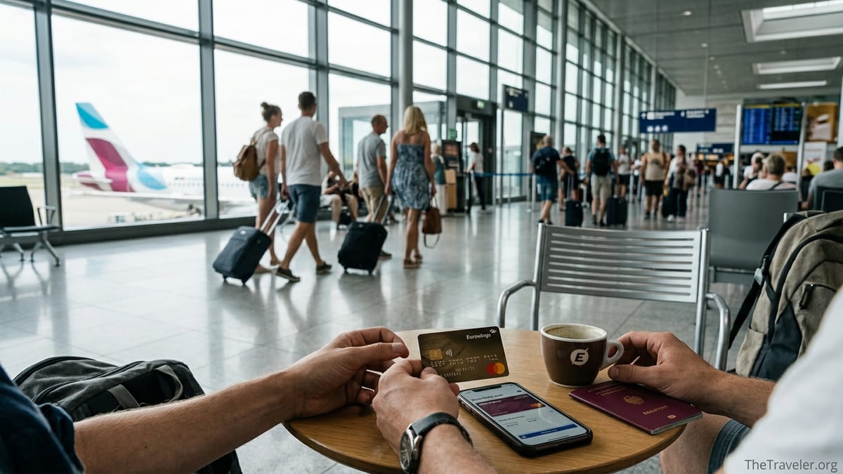 Traveler holding a Eurowings gold credit card at an airport café with boarding pass open on a phone.