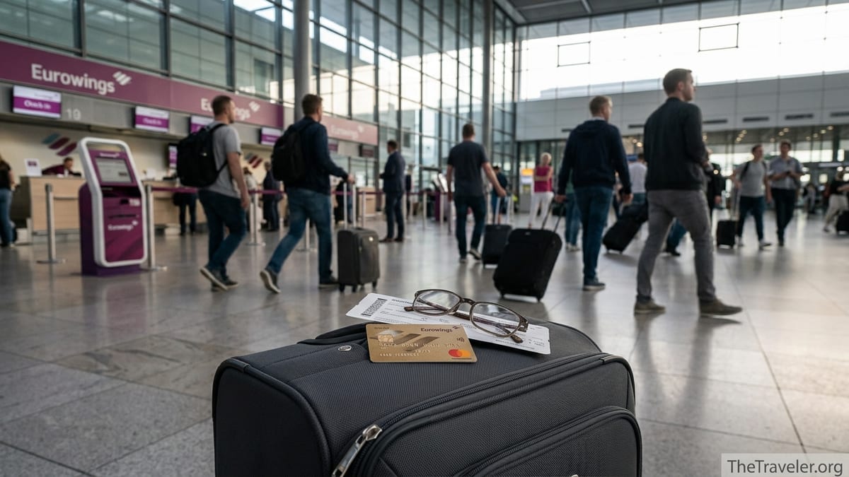 Eurowings Gold credit card resting on cabin suitcase in a busy European airport terminal.