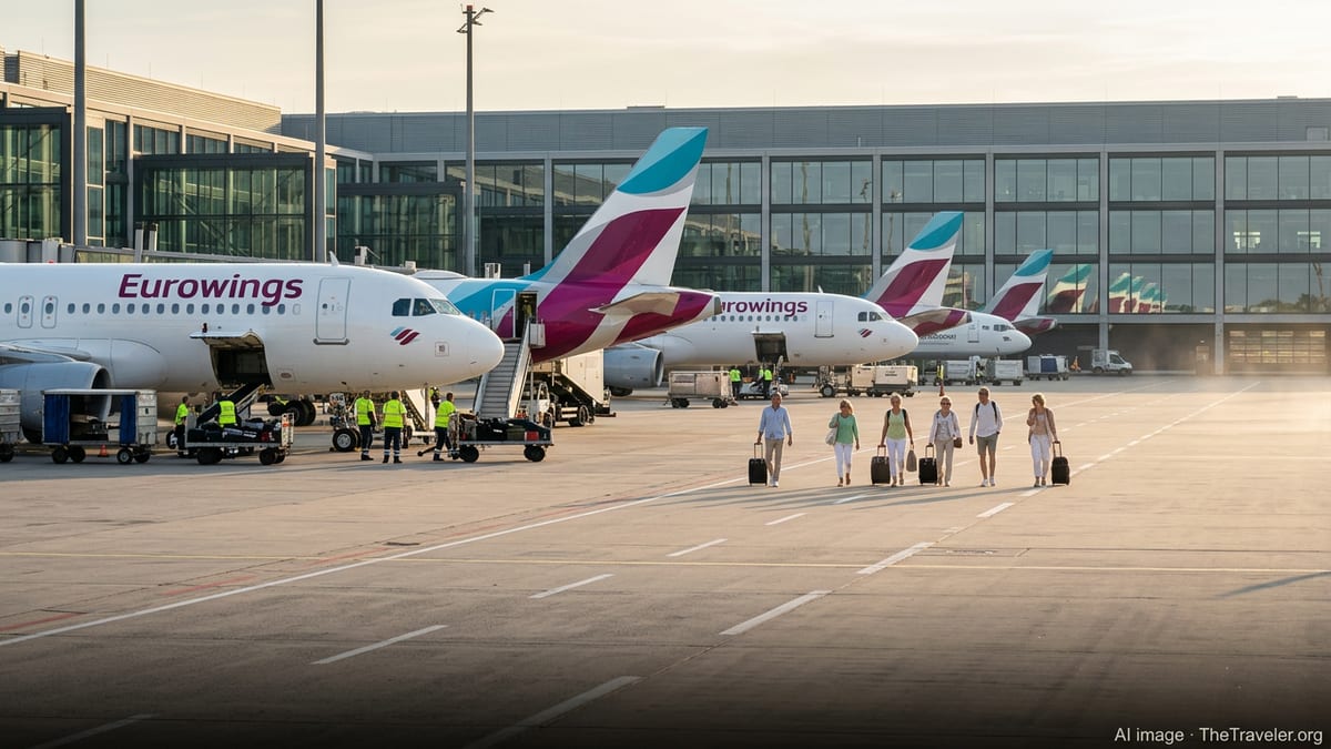 Eurowings jets on the apron at Berlin Brandenburg Airport at sunrise, with holiday passengers boarding.