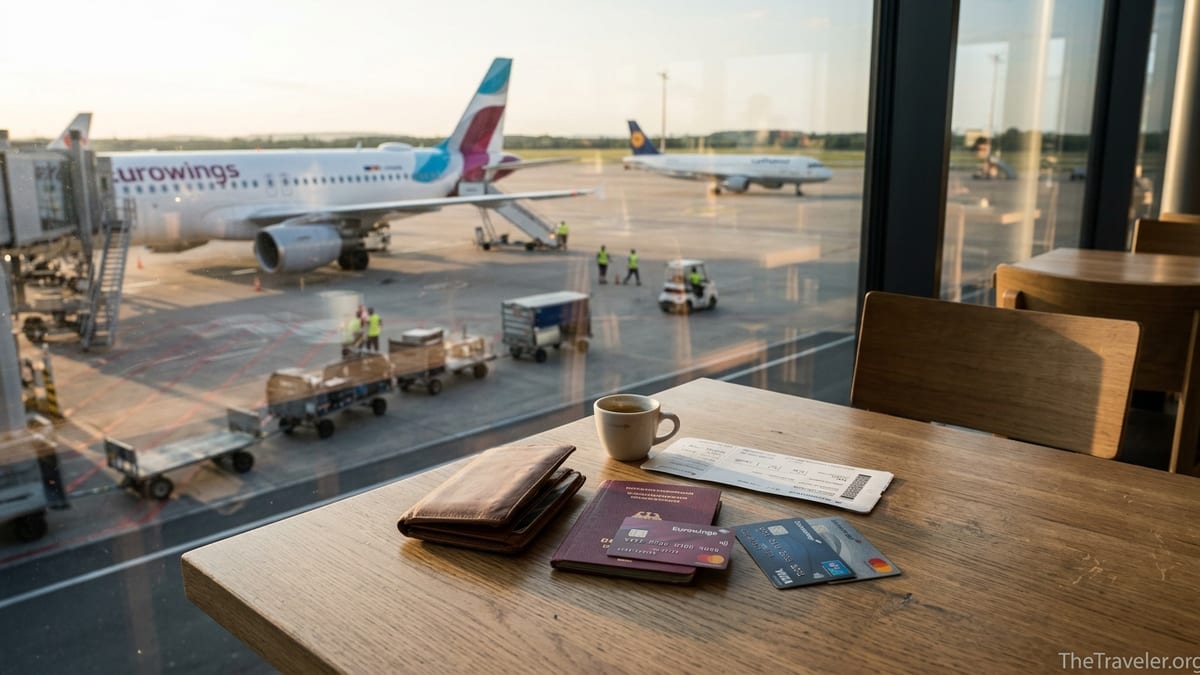 Traveler’s wallet with airline credit cards on a café table overlooking Eurowings planes at a European airport.
