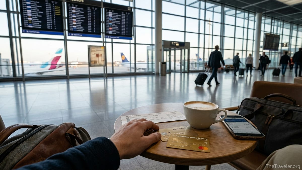 Traveler comparing Eurowings Gold and Lufthansa Miles & More credit cards at a German airport café.