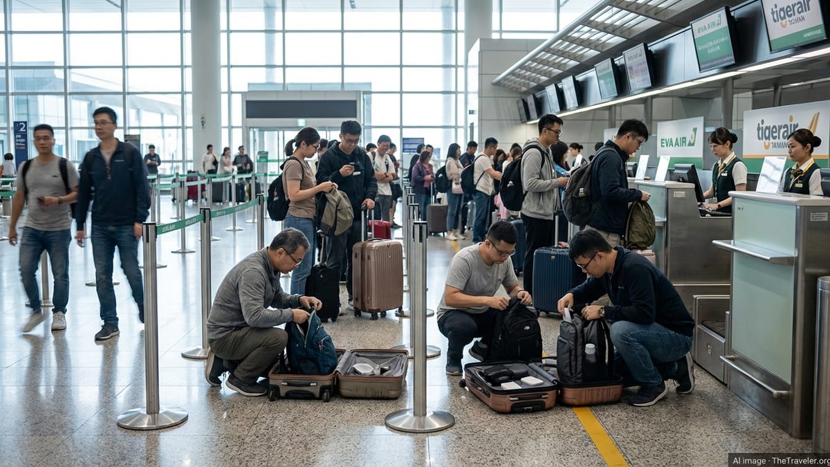 Travelers at EVA Air check in counters move Bluetooth earbuds from checked bags to carry ons.