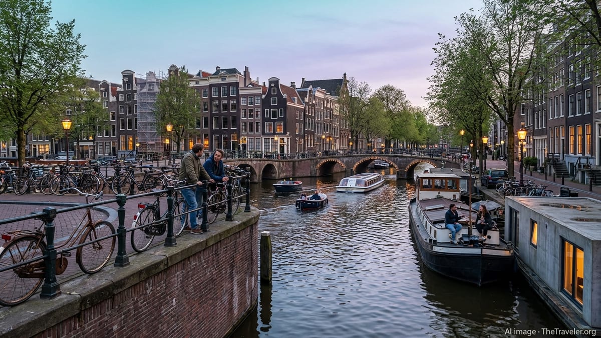 Evening view of Amsterdam's historic canal belt with boats, bicycles, and canal houses.
