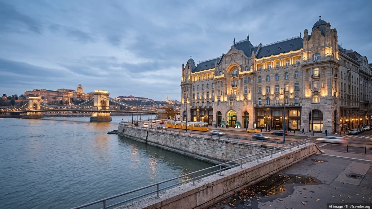 Evening view of Gresham Palace and Chain Bridge in Budapest, Hungary.