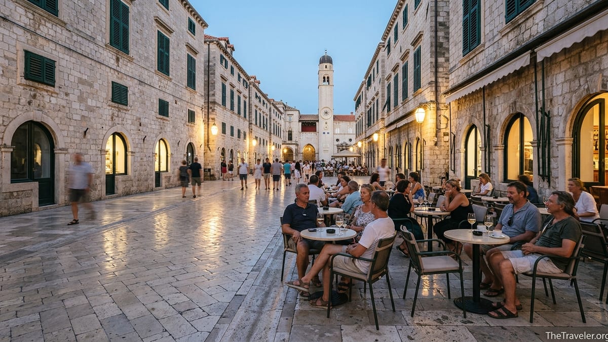 Evening view of Dubrovnik’s Stradun with glowing stone street, cafés and people strolling.