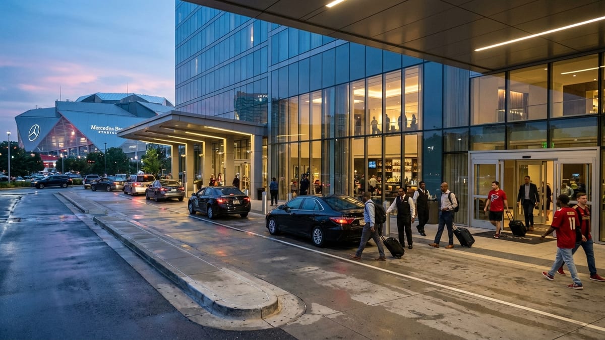 Evening view of Signia by Hilton Atlanta with Mercedes-Benz Stadium in background. 