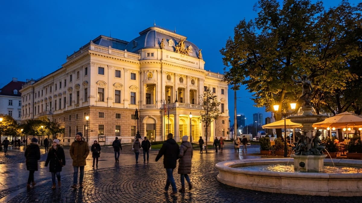 Evening view of the illuminated Slovak National Theatre in Bratislava. 