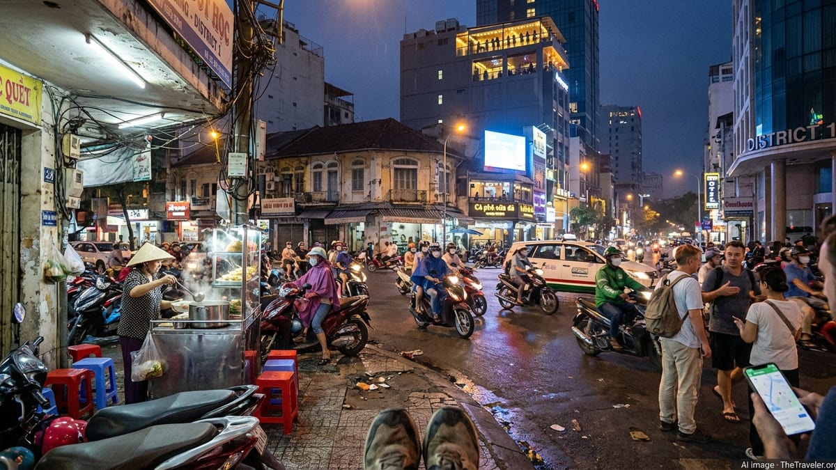 Evening street scene in District 1, Ho Chi Minh City, showcasing local life and urban transition.