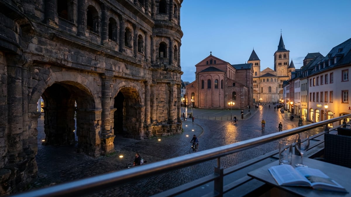 Evening view of Trier's historic skyline including Porta Nigra and Basilica of Constantine. 