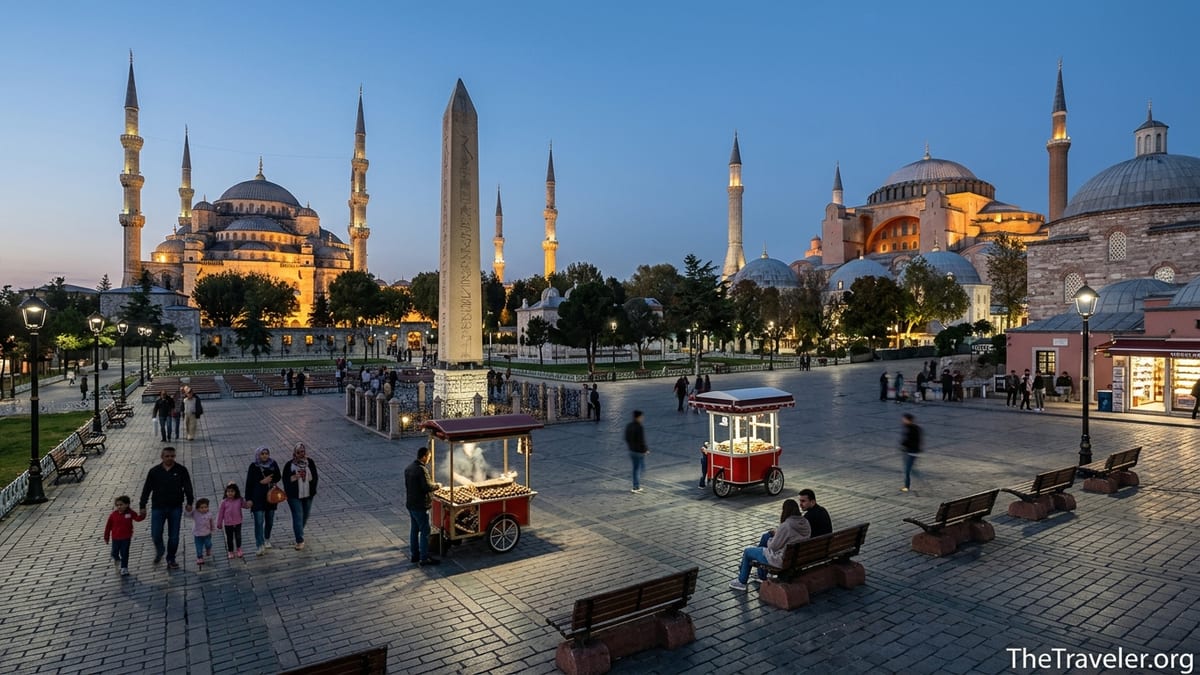 Evening view of Istanbul’s Sultanahmet Square with Blue Mosque and Hagia Sophia lit at twilight