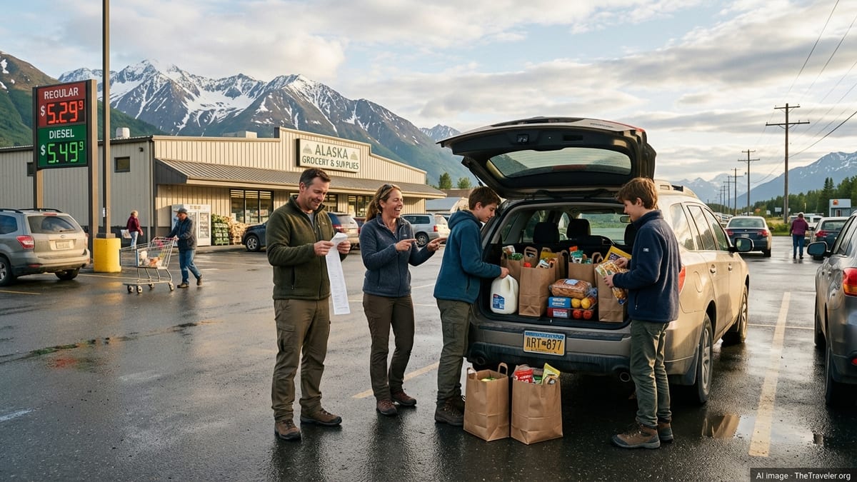 Travelers loading expensive groceries into a car outside an Alaska supermarket with mountains behind.