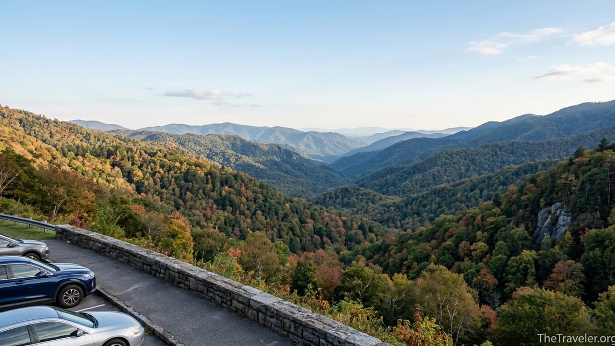 Scenic view over the Sugarlands valley and forested ridges in Great Smoky Mountains National Park.
