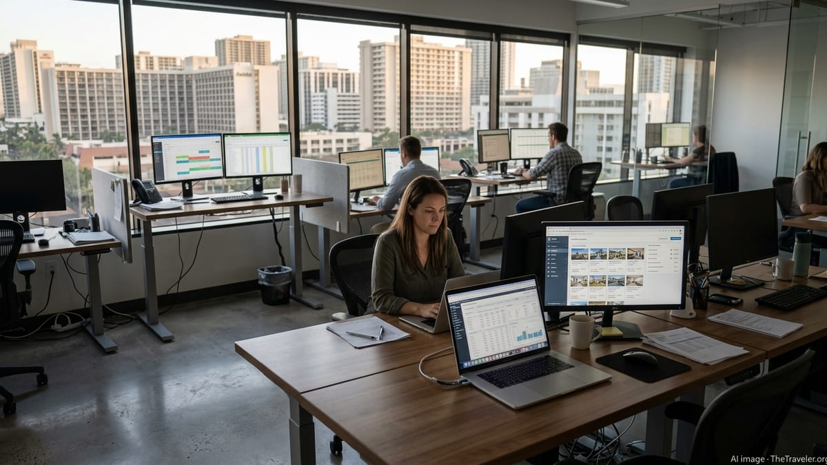 Property manager reviews owner statements on multiple monitors in a modern office.