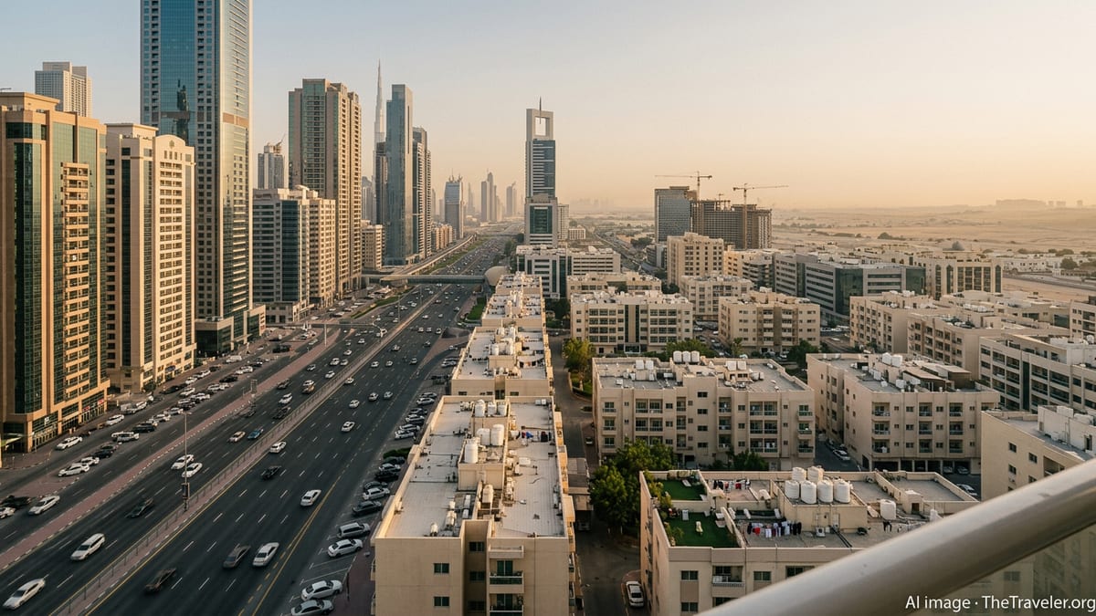 Aerial view of Dubai skyline and residential districts at golden hour with desert haze.