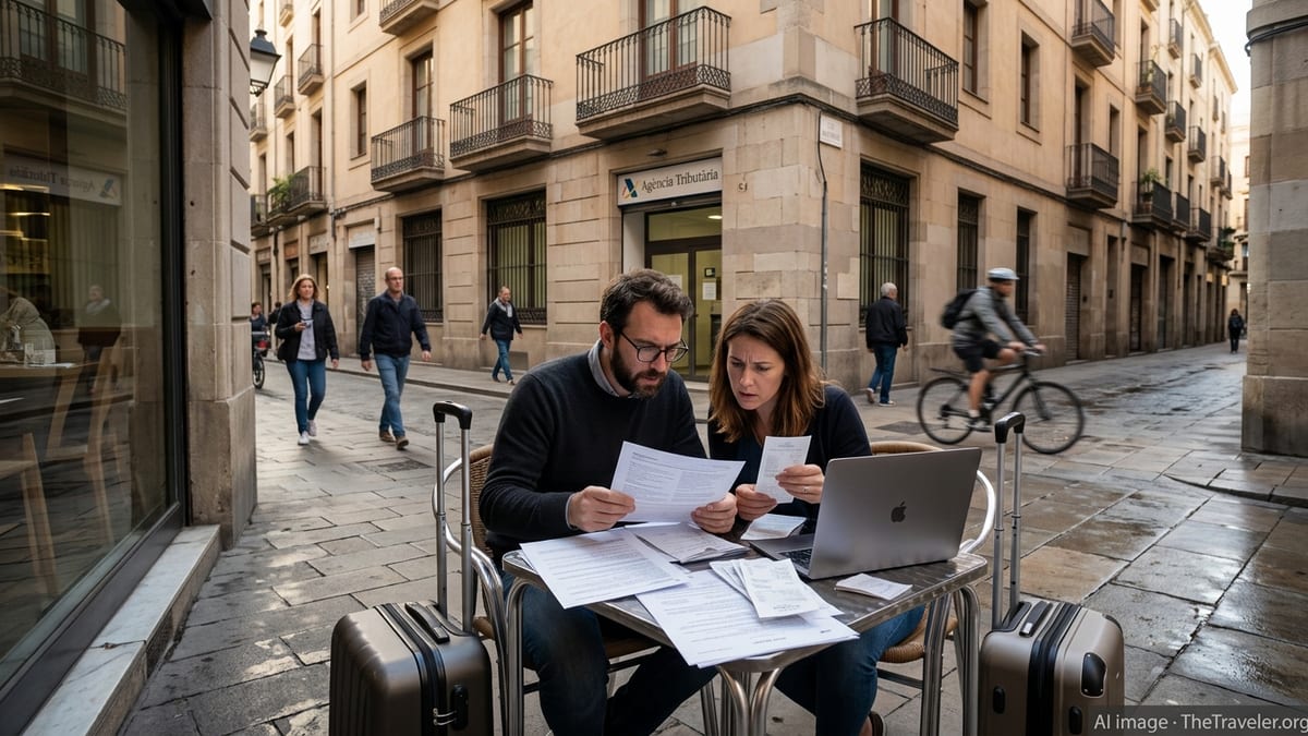 Concerned expats review tax papers at a European street cafe near a government office.
