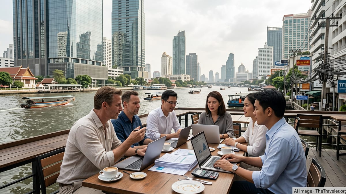Foreign and Thai professionals in Bangkok discussing finances at an outdoor café with city skyline in the background.