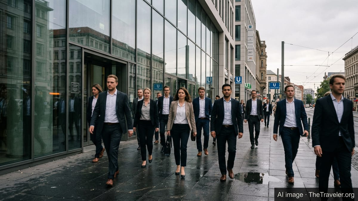 Office workers and expats leaving a modern glass office building in central Berlin.