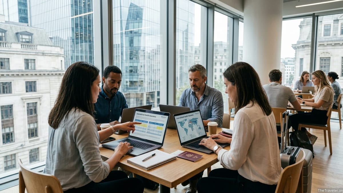 Expats in a coworking space comparing international health insurance plans on laptops.