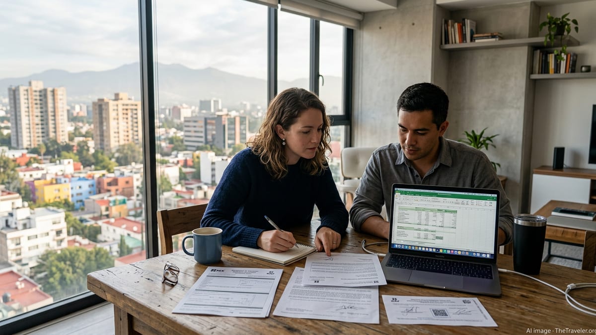 Foreign couple reviewing tax papers in a modern Mexico City apartment with city skyline view.