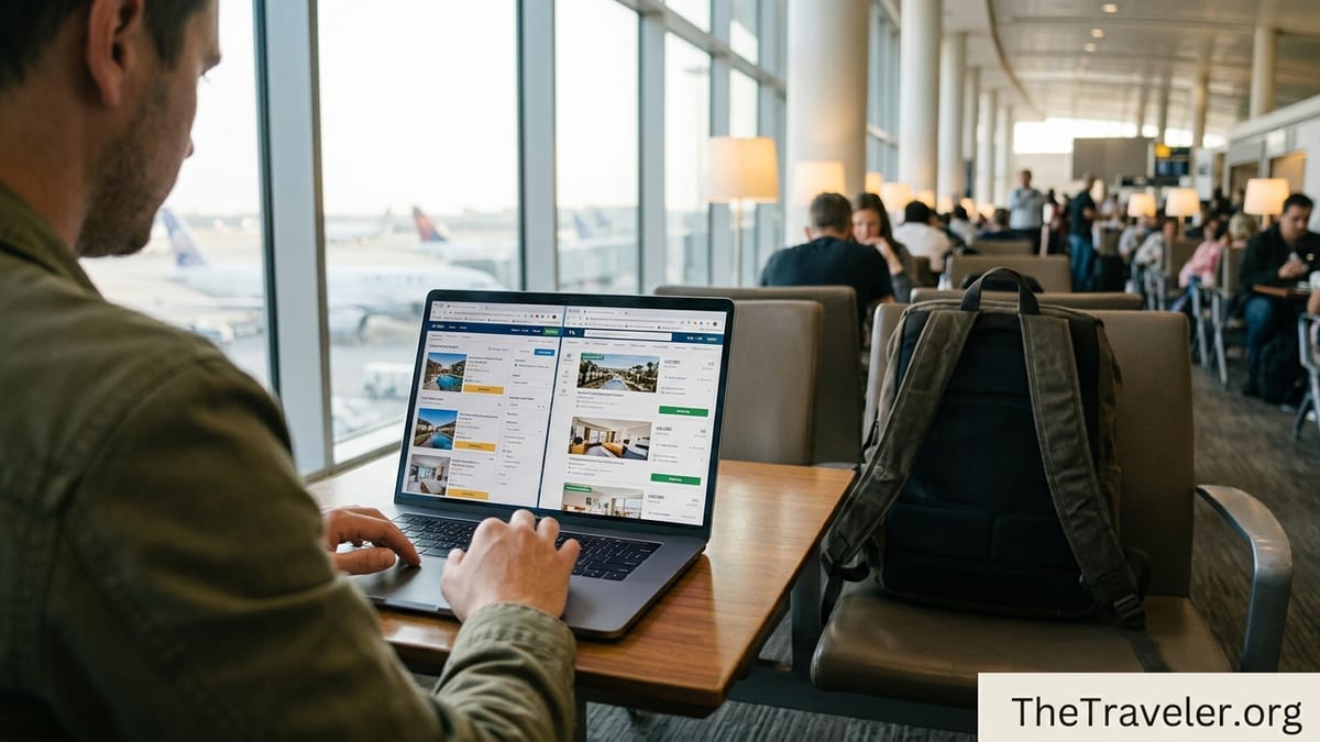 Traveler comparing hotel and rental listings on a laptop in a bright airport lounge.