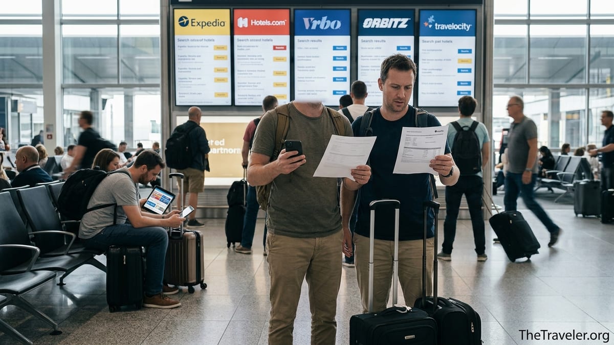 Traveler in an airport comparing hotel booking apps on phone in front of digital boards.