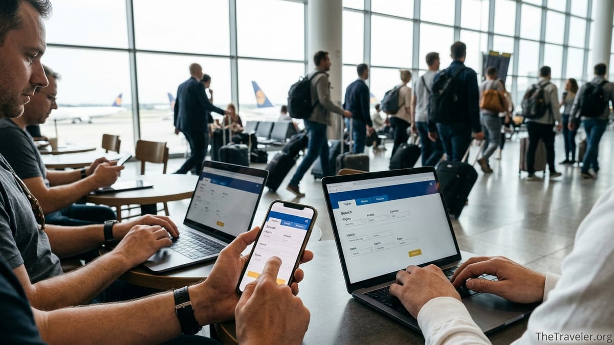 Travelers in a busy airport terminal comparing trip options on phones and laptops.