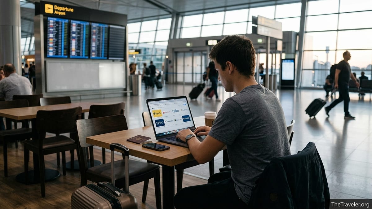 Traveler at an airport laptop comparing multiple online travel booking brands.