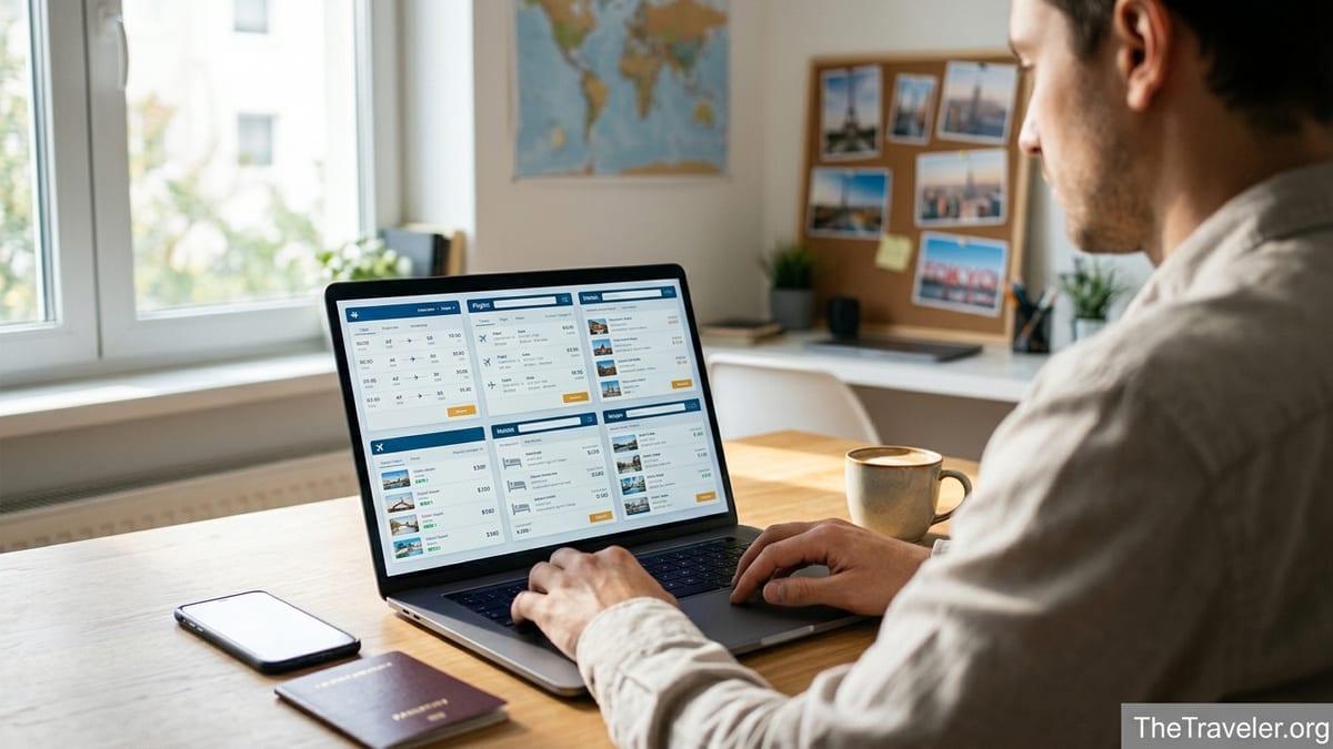 Traveler researching flights and hotels on a laptop in a bright home office