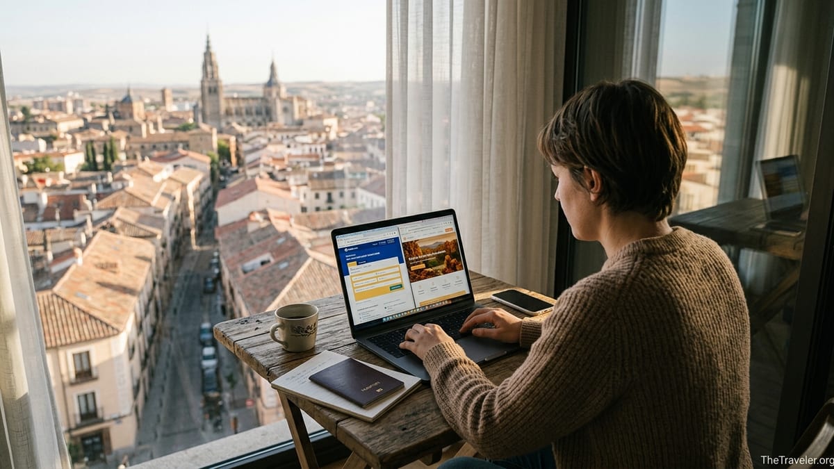 Traveler comparing two online booking sites on a laptop in a sunlit apartment overlooking a European city.