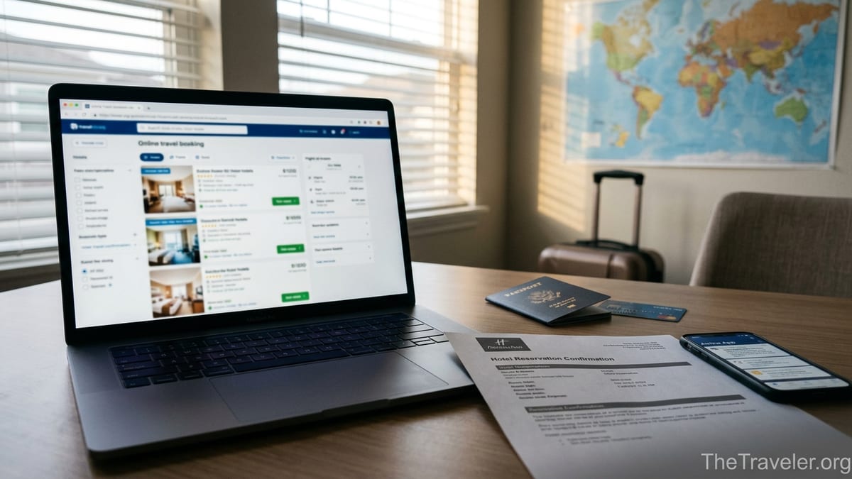 Desk with laptop showing travel site beside printed hotel booking, passport and phone.