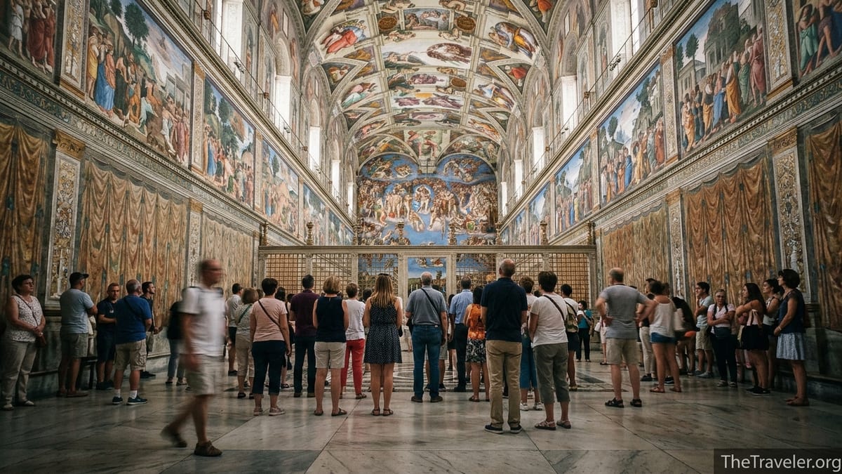 Visitors quietly study the frescoed ceiling of the Sistine Chapel in Vatican City.