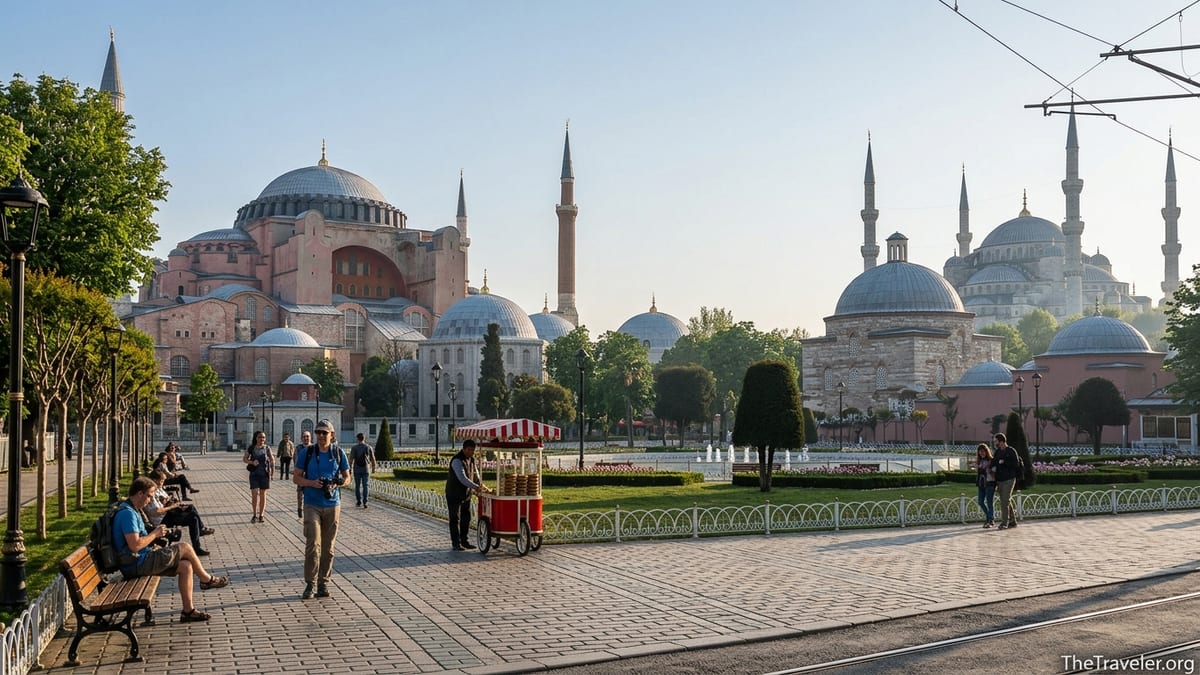 Early morning view of Sultanahmet Square with Hagia Sophia and the Blue Mosque under soft light.