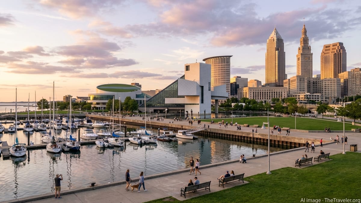 Cleveland skyline and Rock & Roll Hall of Fame along the Lake Erie waterfront at sunset.