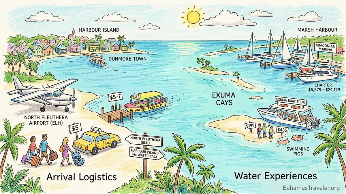 Bahamas Out Islands dock with a small boat, sailboats in turquoise water, and a golf cart near the pier
