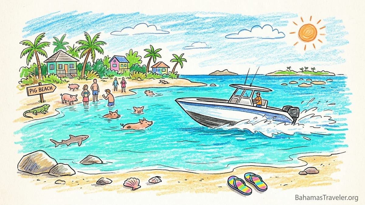 Swimming pigs wade in clear shallow water at Big Major Cay as a speedboat tour anchors offshore in the Exumas.